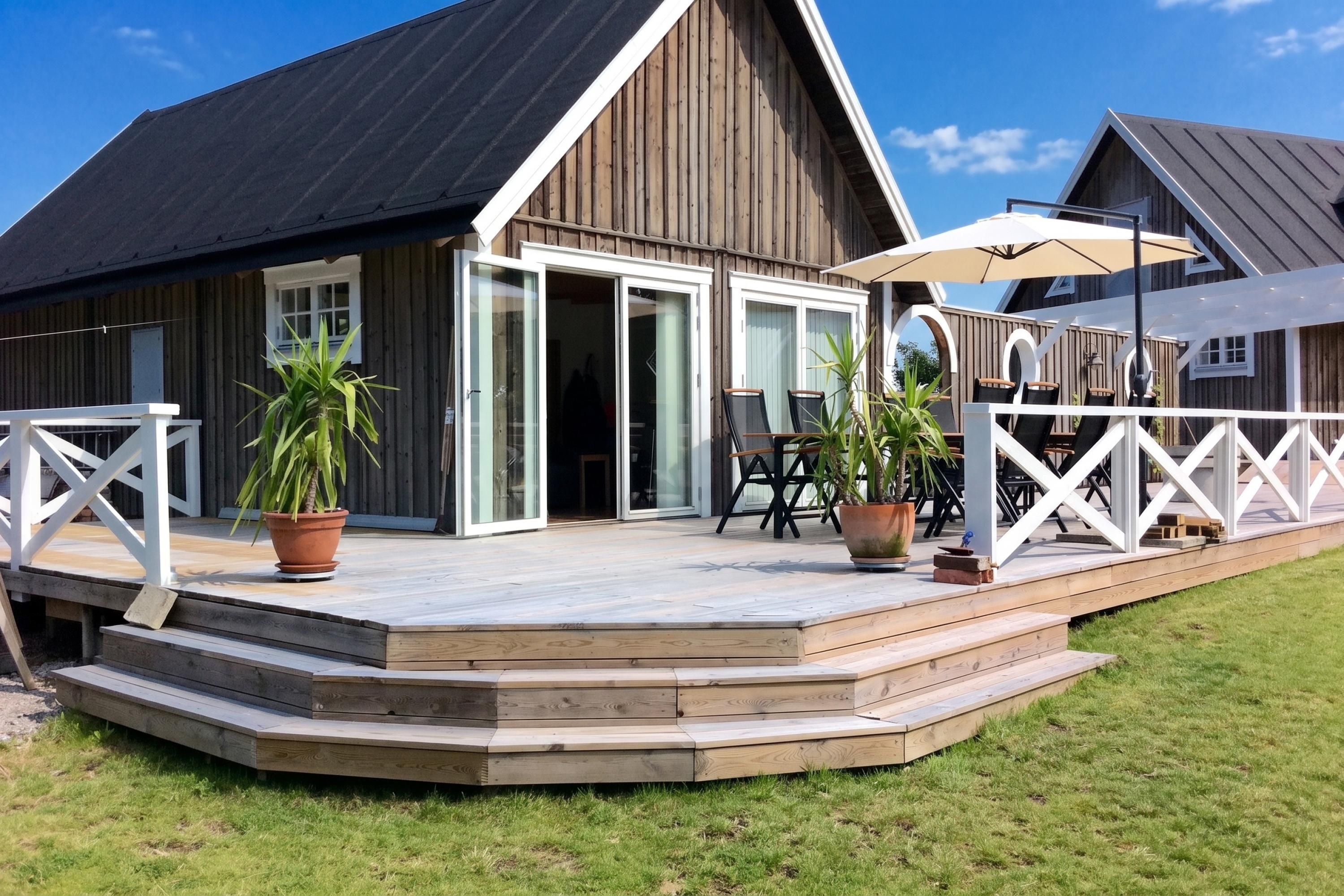 A wooden building with a sloped roof, a covered patio with outdoor furniture, and a white railing.