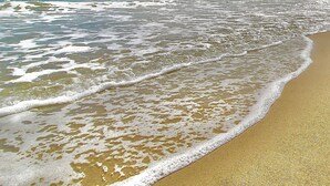 Una platja amb ones que brollen suaument a la riba.