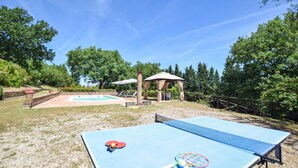 Un'area ricreativa all'aperto con tavolo da ping pong, una piccola piscina e un gazebo.