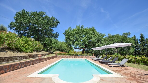 Una piscina rettangolare con bordo in pietra, circondata da un patio in mattoni. Sono presenti sedie a sdraio e ombrelloni, con alberi sullo sfondo.