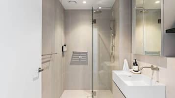 Shower, hair dryer, towels, shampoo