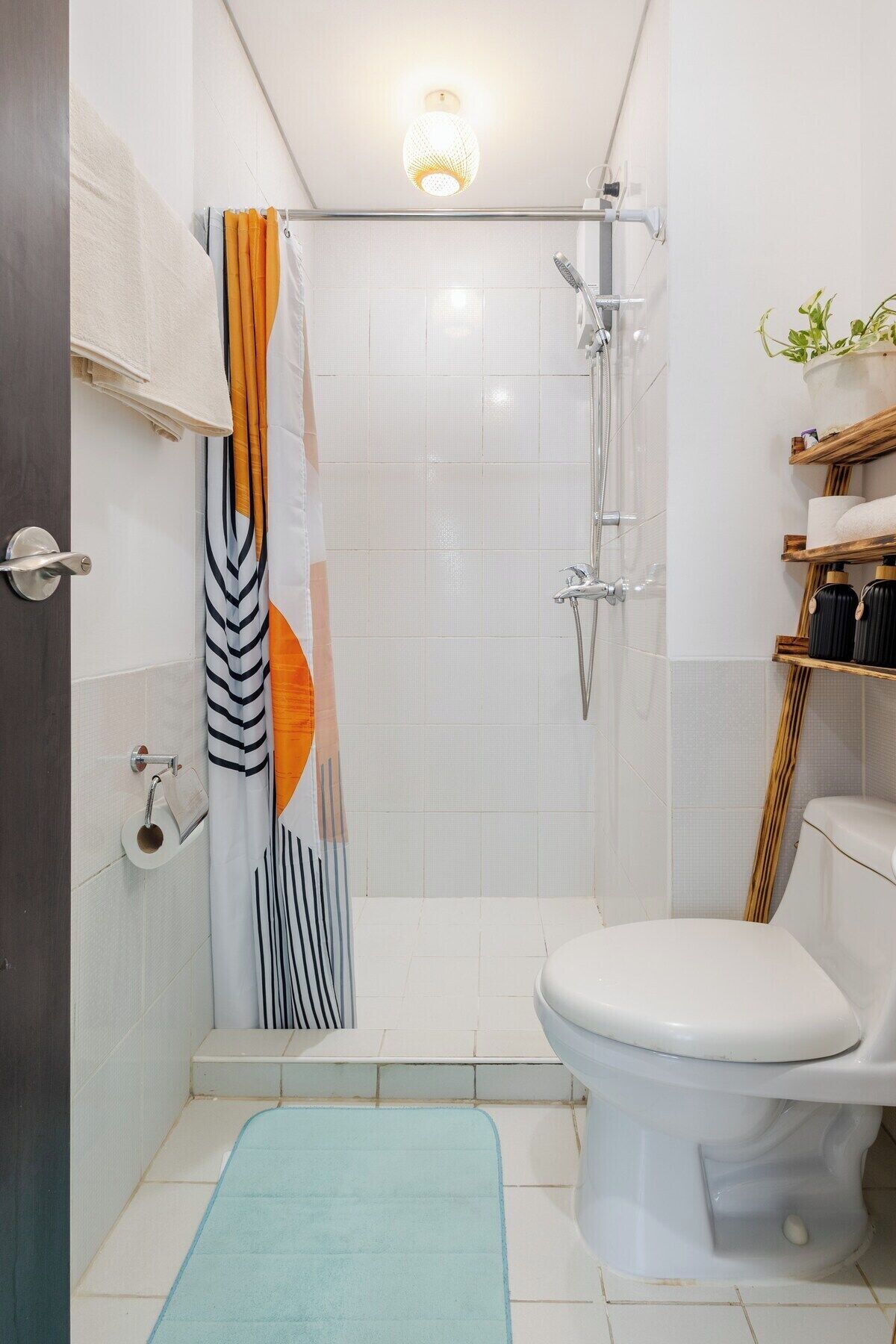 Hair dryer, towels, shampoo, toilet paper
