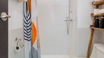 Hair dryer, towels, shampoo, toilet paper