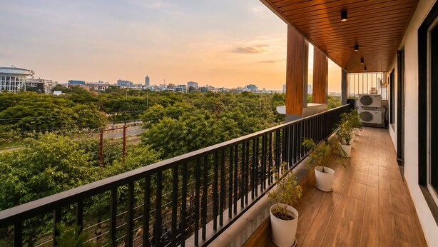 Uma varanda com vista para a paisagem urbana e vegetação.