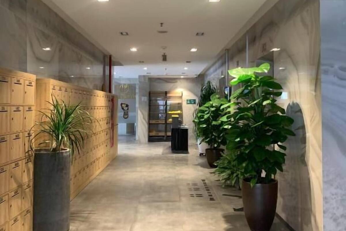 Un couloir avec des casiers, des plantes en pot et un éclairage encastré.