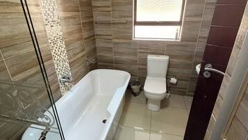 Hair dryer, towels, soap, toilet paper