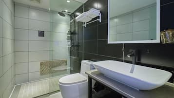 Shower, free toiletries, hair dryer, slippers