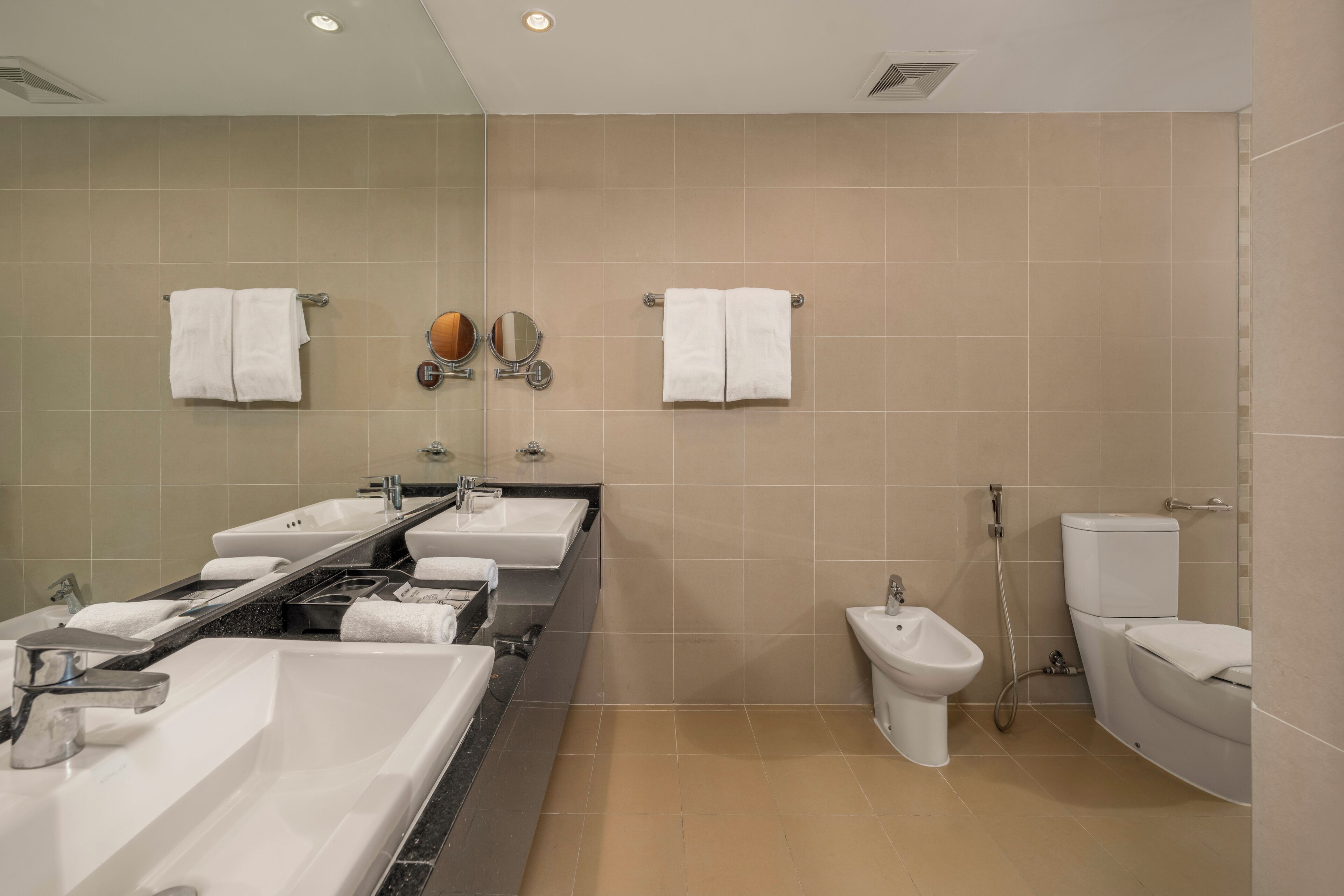 A modern bathroom with a long sink, a bidet, and a toilet.