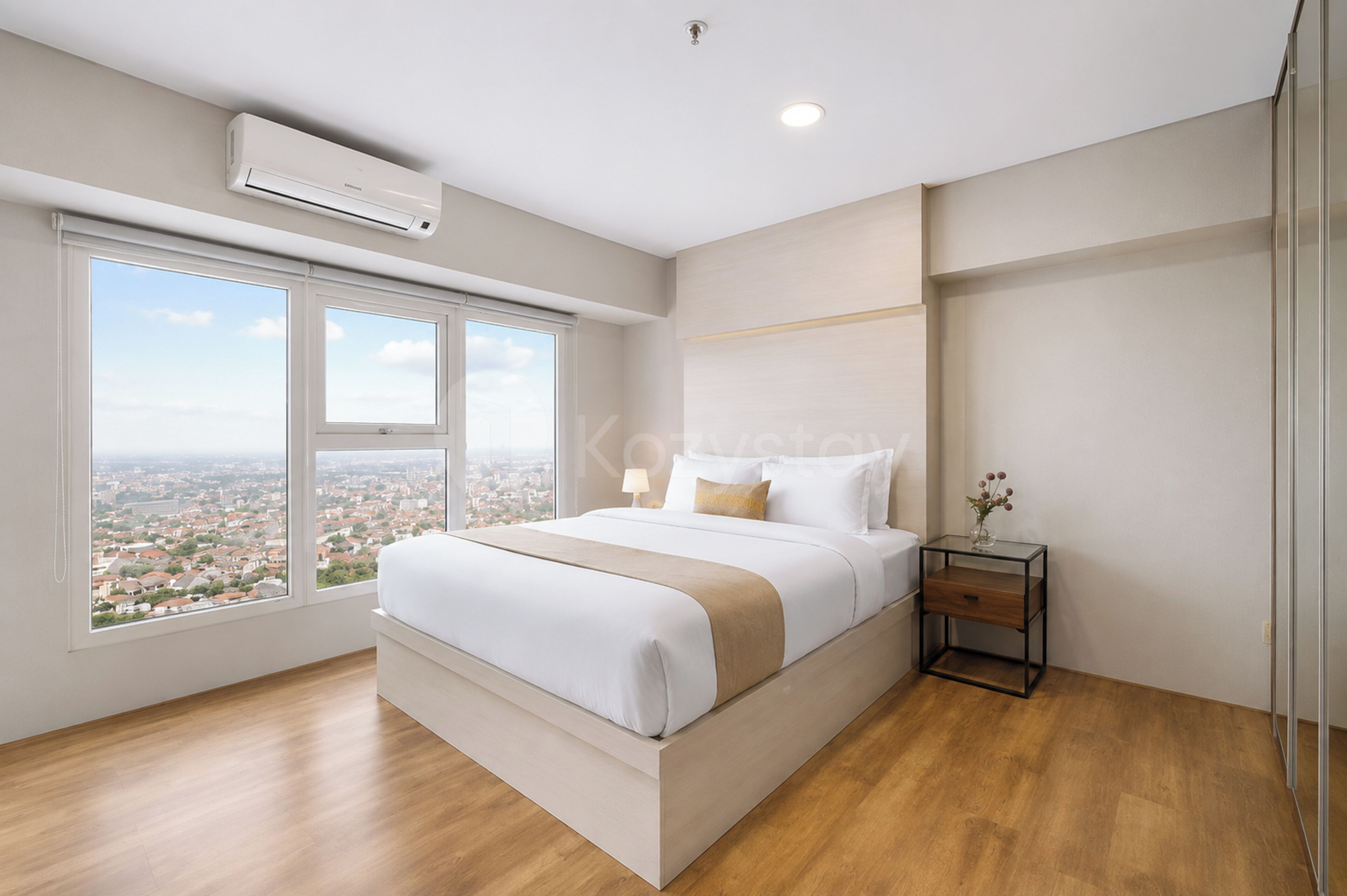 A modern bedroom with a large bed, a nightstand, a window with a city view, and an air conditioning unit.