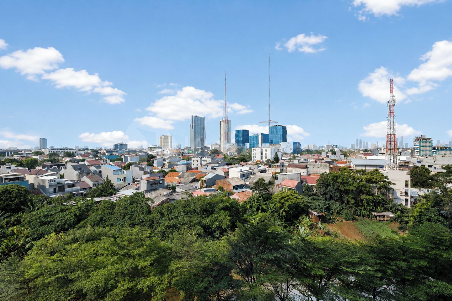 A cityscape with dense urban buildings, a prominent communication tower, and lush greenery in the foreground.