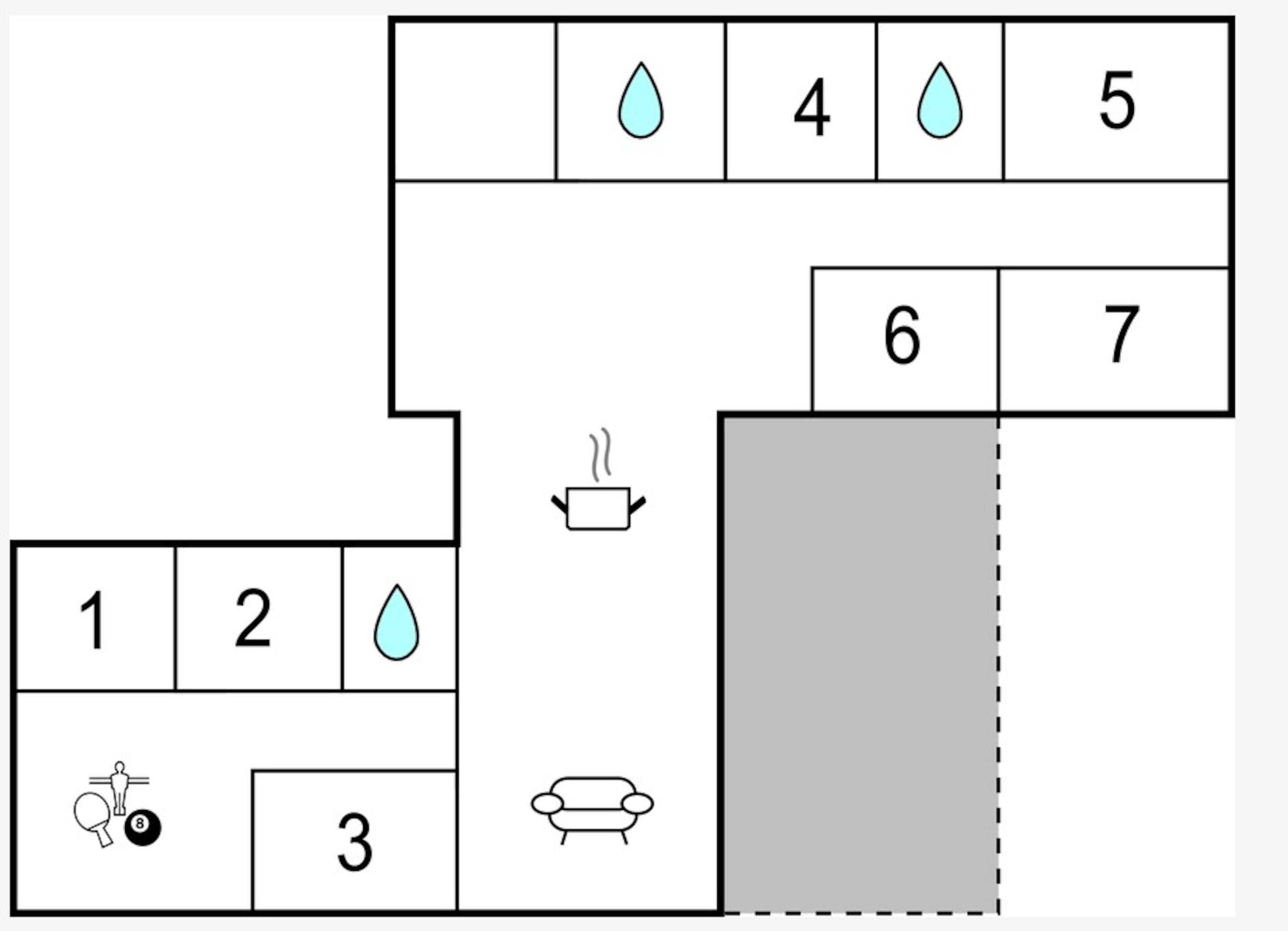 Een plattegrond met genummerde kamers, een keuken en een badkamer.