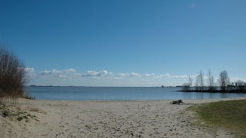 A beach with a clear sky, a sandy shore, and a calm body of water.
