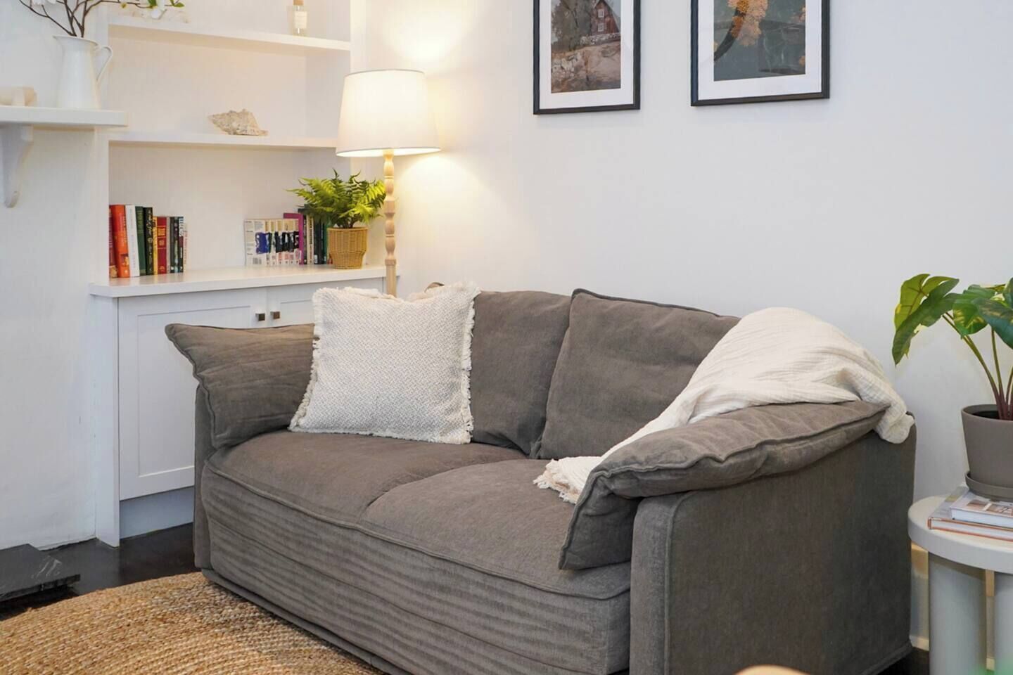 A grey sofa with a textured throw pillow, a small side table with a plant, and a bookshelf with books and decorative items.