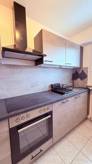 A modern kitchen with a gas stove, oven, and stainless steel countertops. - Cozy vacation rental perfect for relaxing (Gailingen am Hochrhein)