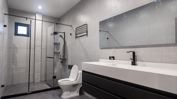 Shower, free toiletries, hair dryer, soap