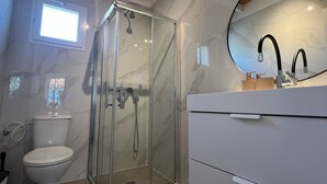 A modern bathroom with a glass-enclosed shower, a white toilet, and a vanity with a mirror. - Large Guesthouse 80m in lovely Ramot (Ramot)