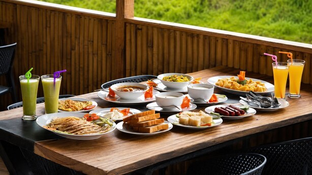 Una mesa de madera con diversos platos y bebidas, frente a una pared de madera y vistas verdes al exterior.