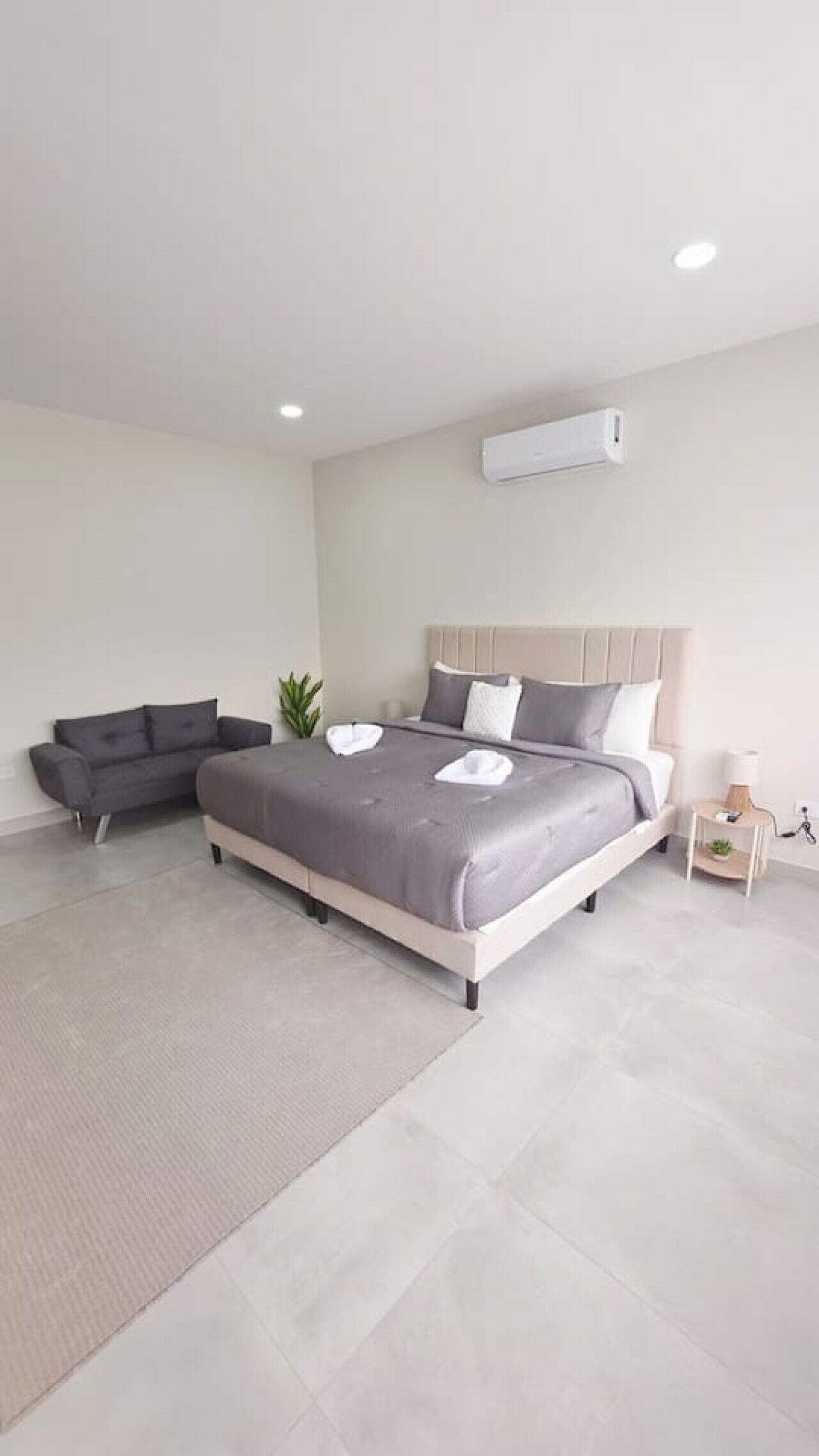 A modern bedroom with a bed, a grey sofa, a bedside table with a lamp, and an air conditioning unit on the wall.