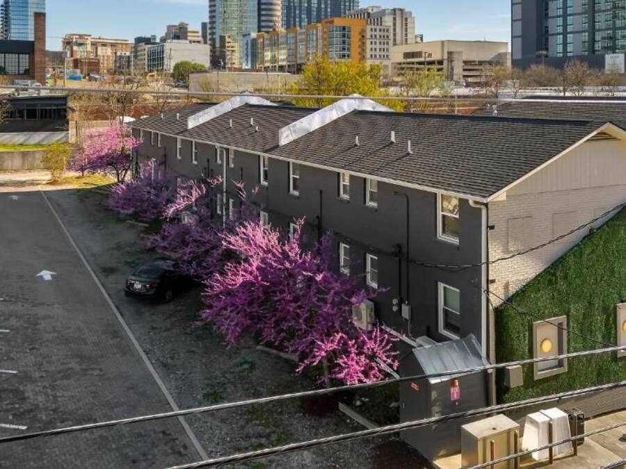 Un immeuble à plusieurs étages, doté d’un parking et bordé d’une rangée d’arbres aux fleurs violettes.
