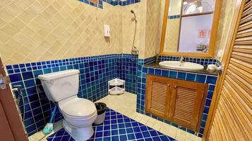 Shower, free toiletries, hair dryer, towels