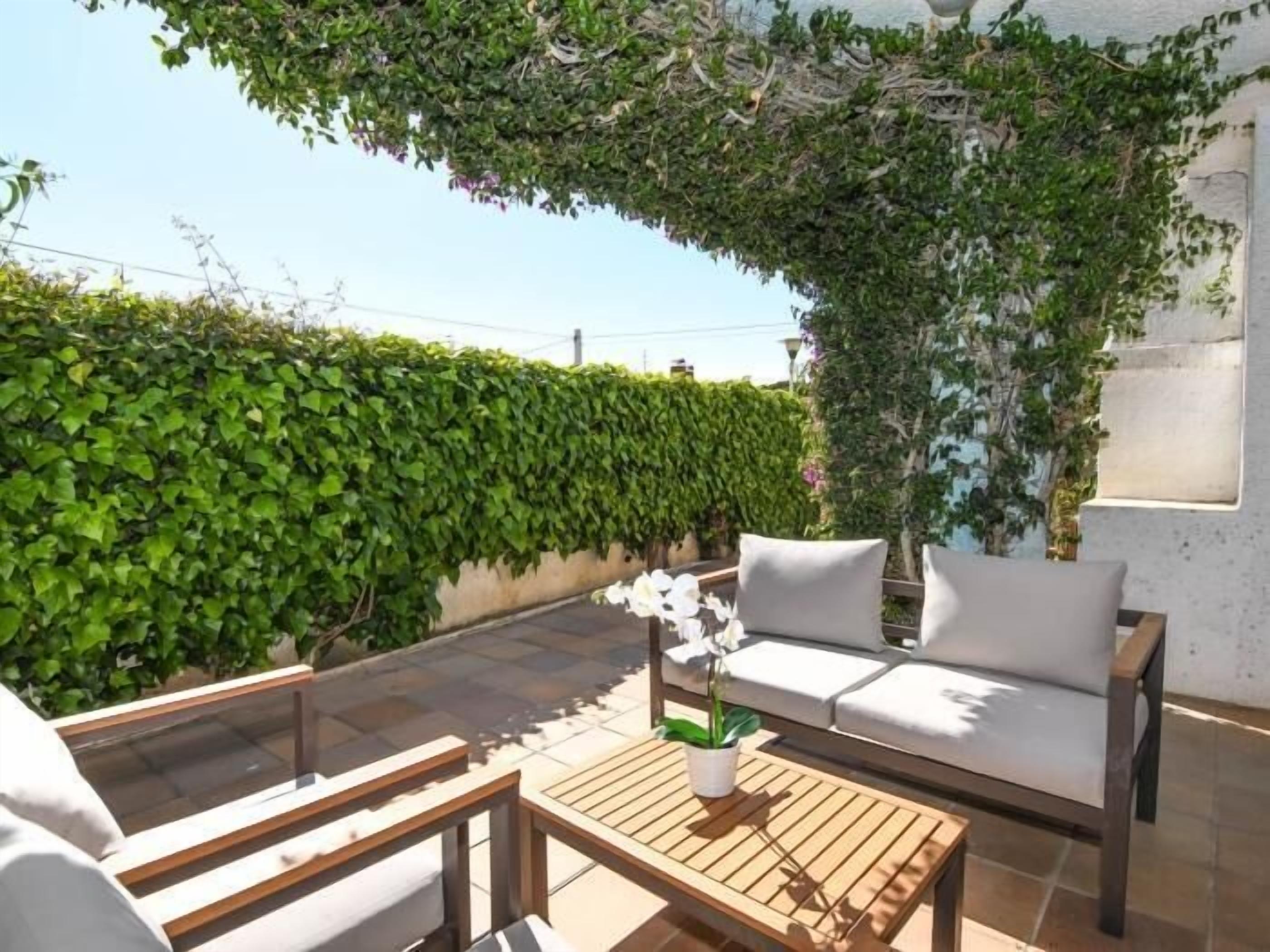 An outdoor patio with a sofa, wooden table, and potted plant.