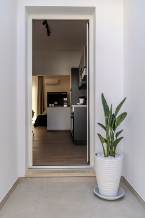 A modern interior with a potted plant, a kitchen area, and a doorway leading to another room. - In the heart of Salento, suites with private hot tubs (Cutrofiano)