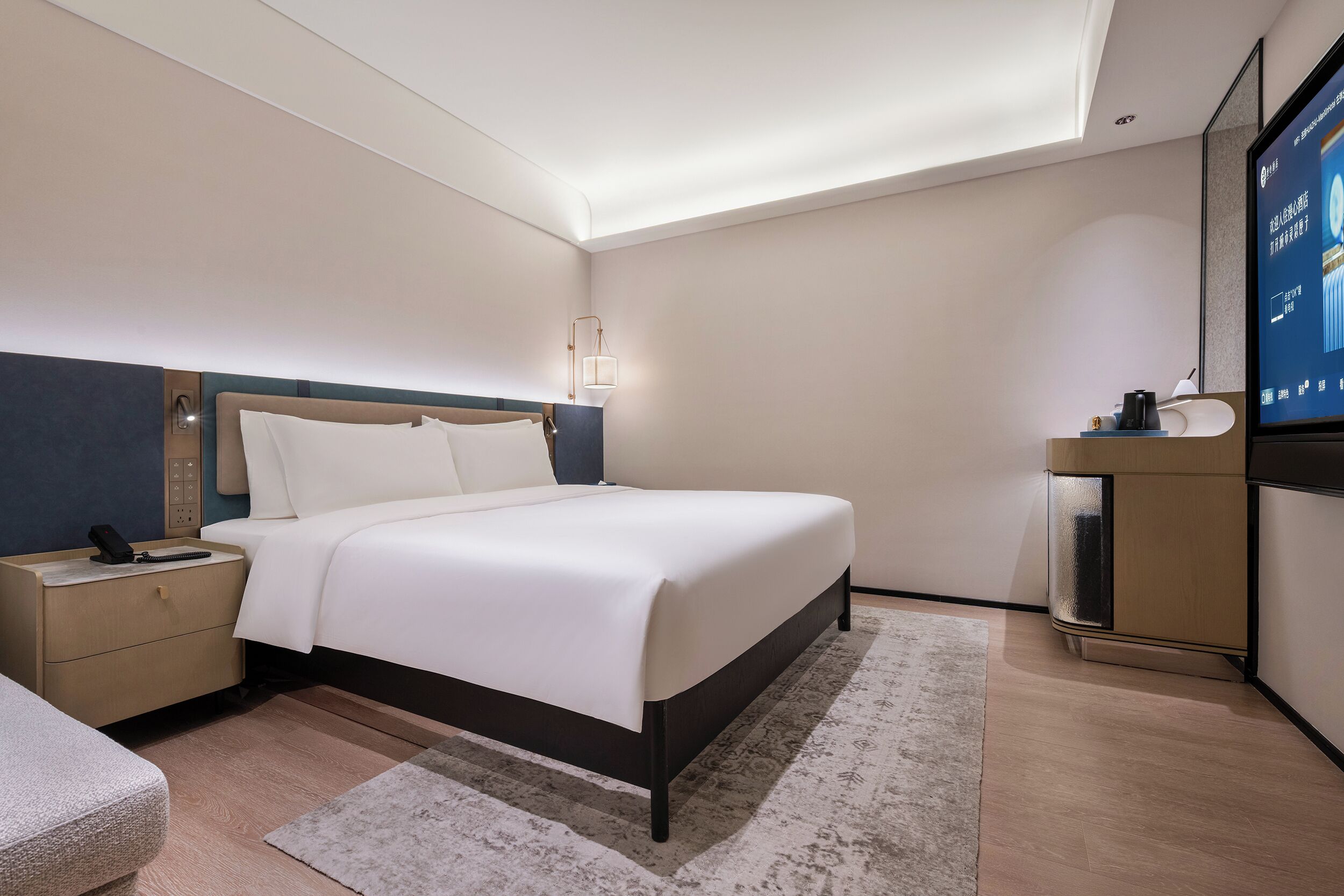 Habitación de hotel moderna con cama, mesita de noche, lámpara, televisión y un pequeño escritorio.