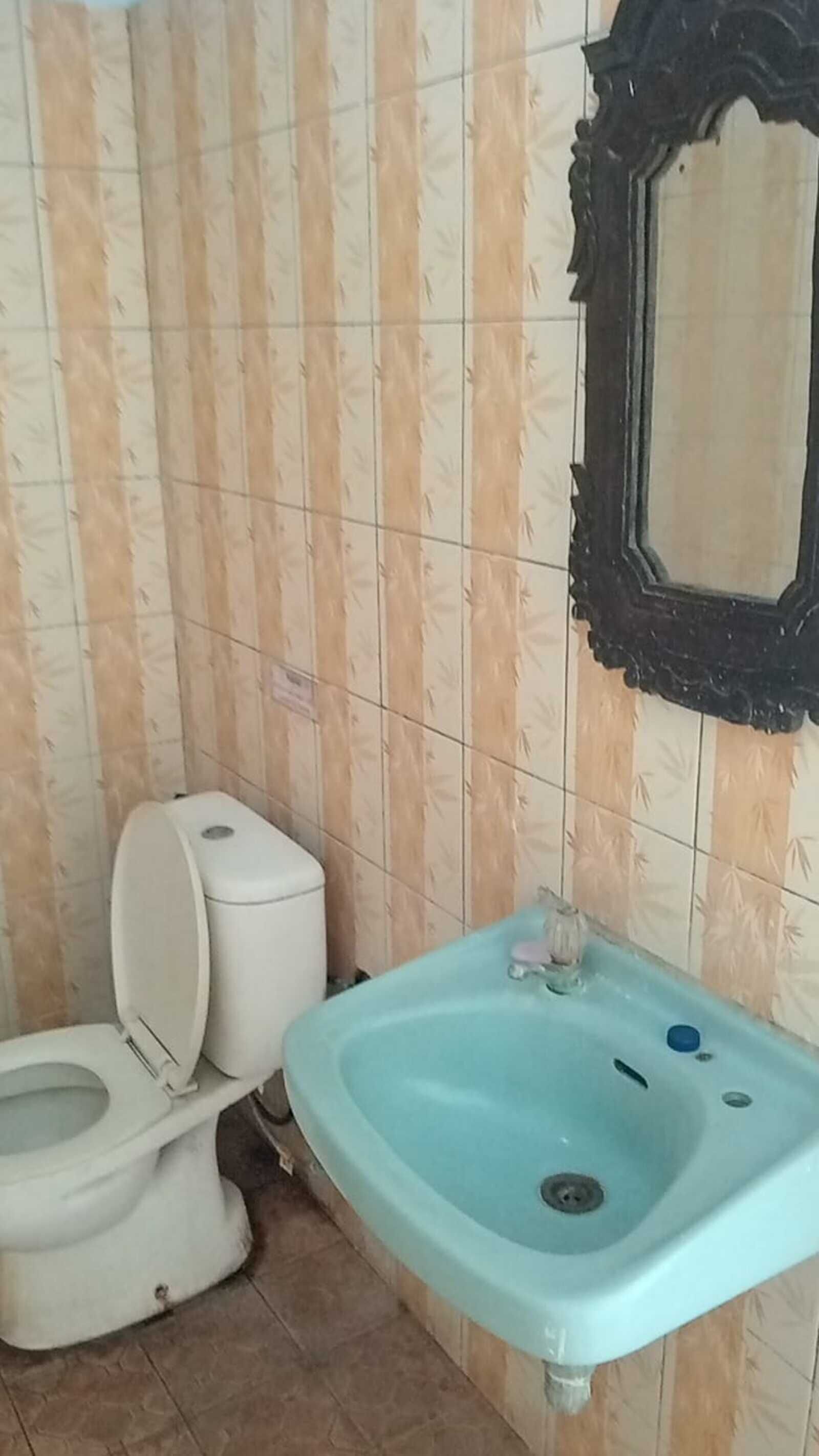 A bathroom with a toilet, sink, and mirror.