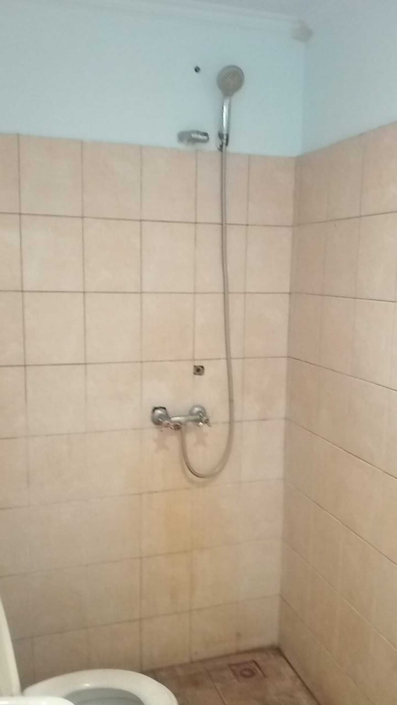 A bathroom with a shower, tiled walls, and a toilet.