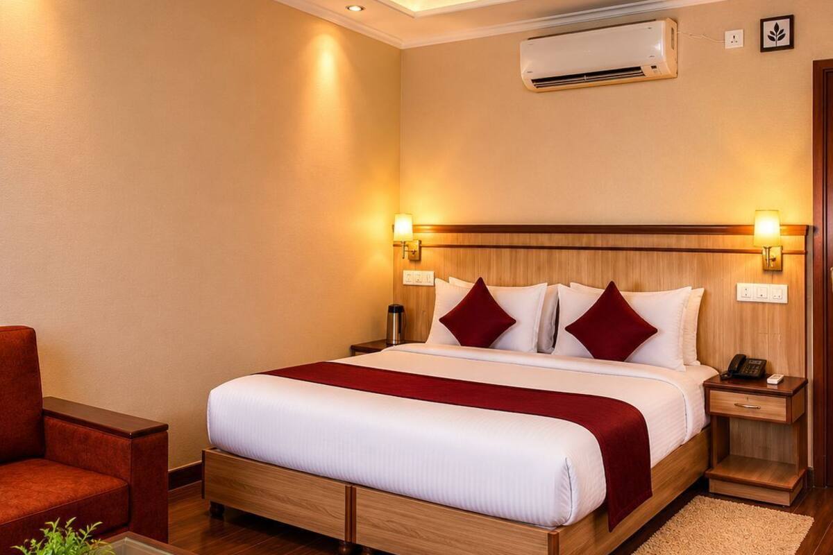 Habitación de hotel con cama, mesitas de noche, una silla, una pequeña mesa con una planta y un equipo de aire acondicionado.