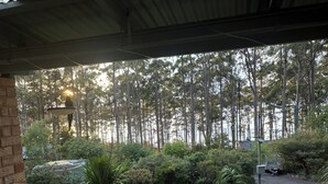 A covered outdoor area with a view of a forest.