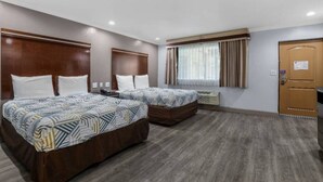 Una habitación de hotel con dos camas, una puerta de madera y un ventanal con cortinas.