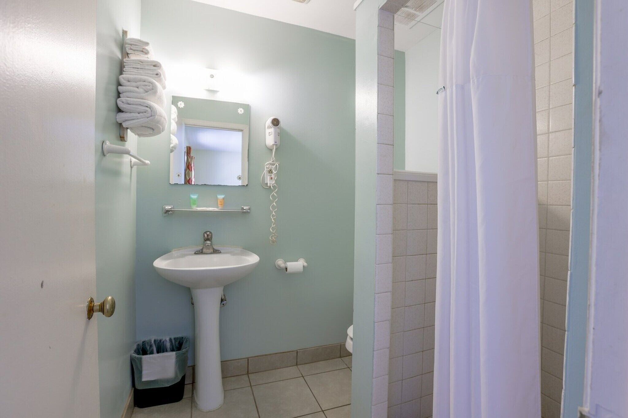 A bathroom with a sink, towel rack, hairdryer, and shower curtain.