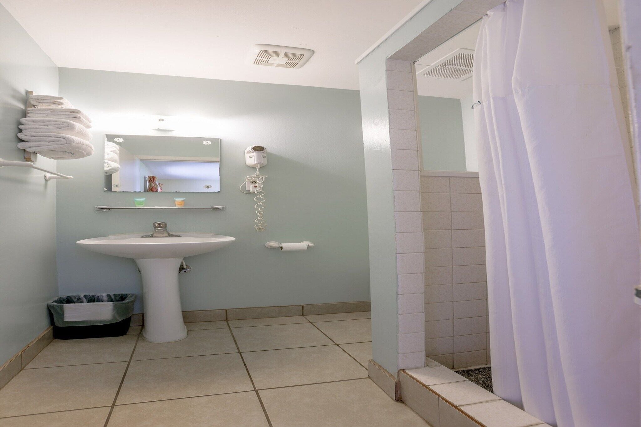Un baño con lavamanos, espejo, toallero y cortina de ducha.