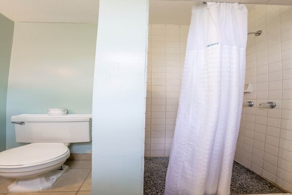 A bathroom with a toilet, a shower curtain, and tiled walls.