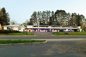 A motel with multiple rooms, a parking lot, and a forested backdrop.