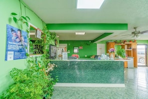 Un'area reception con una parete verde, un bancone in marmo e diverse piante.