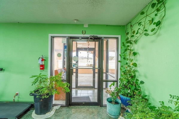 Ingresso con pareti verdi, porta in vetro, piante in vaso e estintore.
