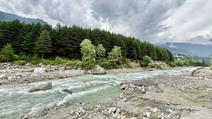 A river with rocks and trees, a mountain in the background, and cloudy sky. - Aranya Retreat Himachal (Manali)