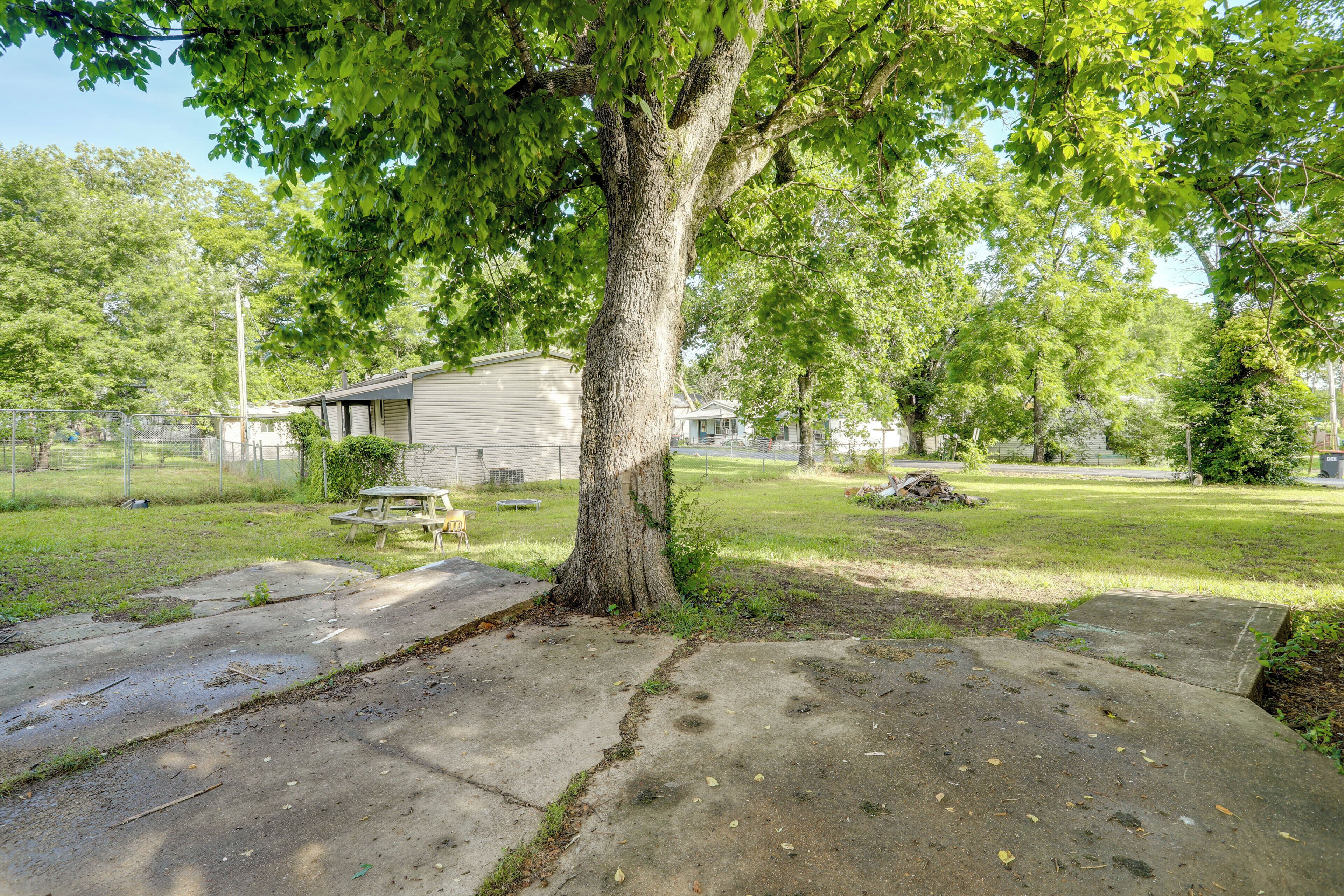 Une propriété résidentielle avec un grand arbre, une table de pique-nique et une maison en arrière-plan.