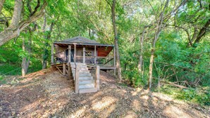 Uma cabana de madeira com uma escadaria que dá para um deck, em meio a uma floresta densa.