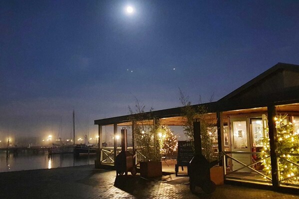 A waterfront building with a covered outdoor seating area, a Christmas tree, and a moon in the sky.