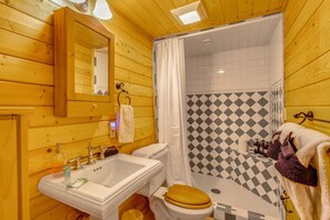Ein Holzinnenraum mit Spüle, Toilette und Dusche.
