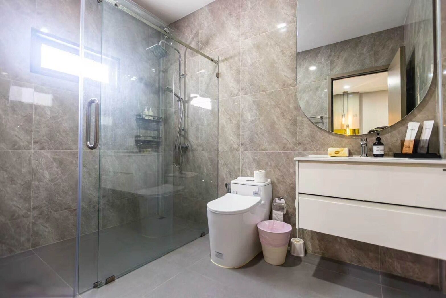 Hair dryer, towels, soap, shampoo