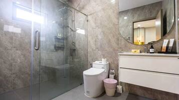 Hair dryer, towels, soap, shampoo