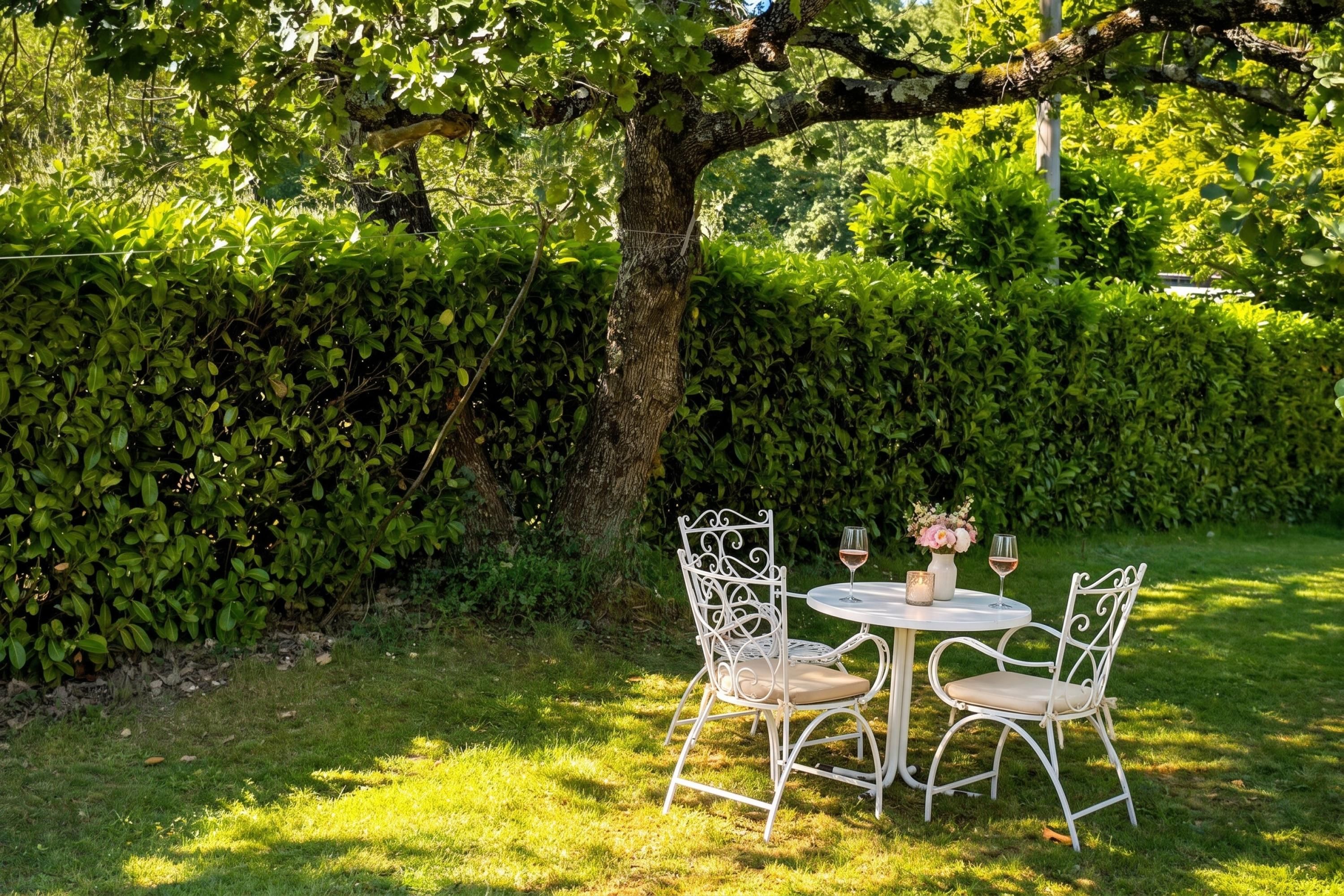 An outdoor seating area with a table and chairs under a tree, surrounded by a hedge.