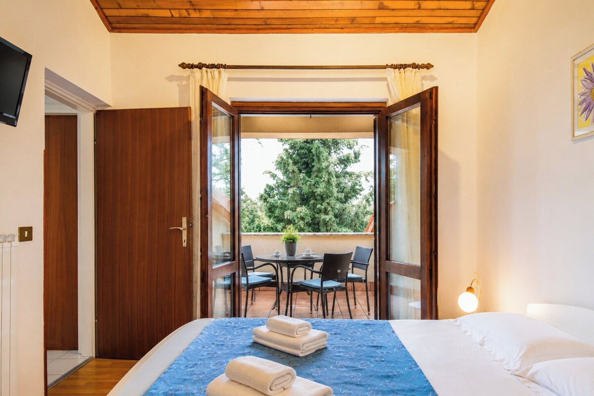 A bedroom with a bed, a window, a door, a table with chairs, and a potted plant outside.