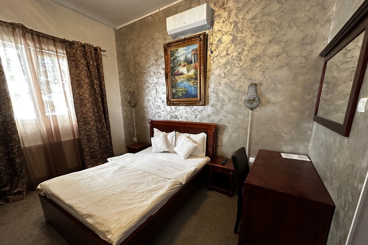 A hotel room with a bed, a desk, a chair, a telephone, and a painting on the wall.