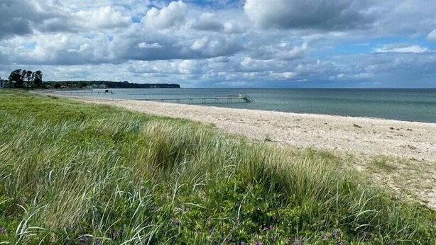 Ein Strand mit einer grünen Wiese im Vordergrund, einem Metallgeländer entlang der Küste und einem bewölkten Himmel.