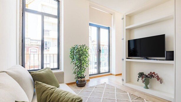 A living room with a sofa, a television on a shelf, a potted plant, and a view through a glass door. - Duque de Saldanha Residences, Unit G (Porto)
